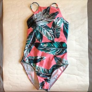 One piece pink with tropical leaves swimsuit